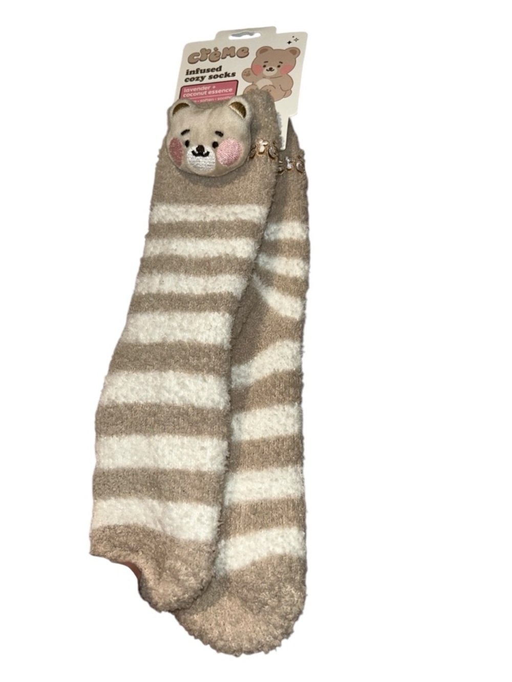 Cozy Bear Striped Fuzzy Kids Socks - Beige & White